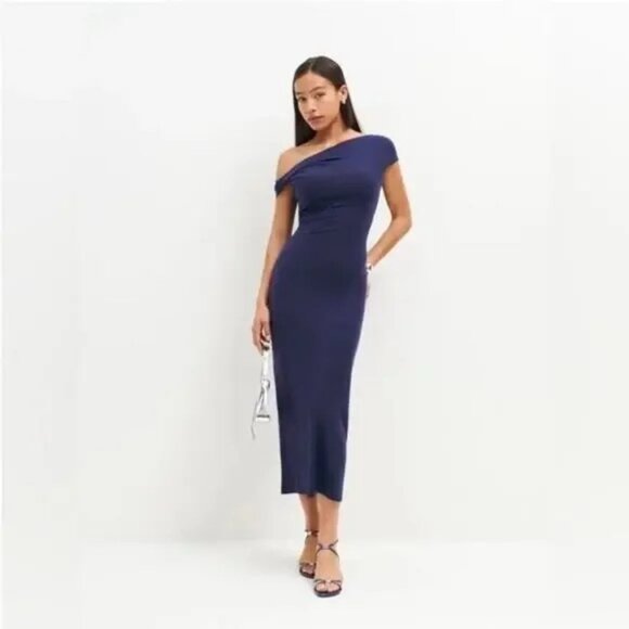 Reformation Dresses & Skirts - Reformation Blue Off The Shoulder Stretch Jamen Knit Midi Dress M Danube